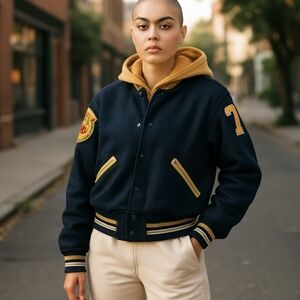 Vtg 70s Black and Gold Hooded Letterman Jacket Sailor Style Wool Blend Sz M/L